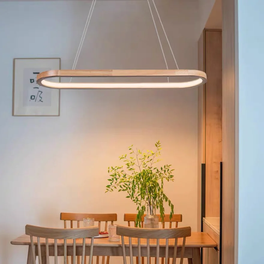 Modern Wooden And Acrylic Annular Dining Room Pendant Light, Natural Wood