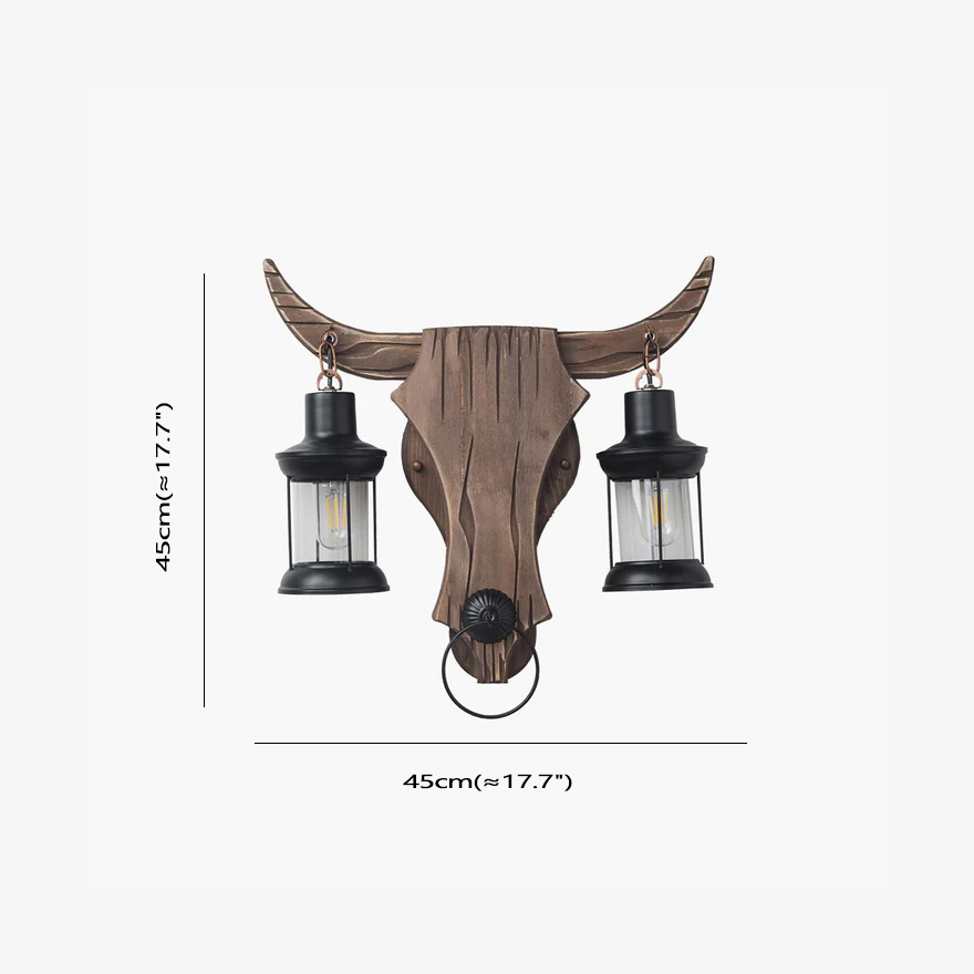 Decorative Metal And Wooden Bull Lantern Dining Room Wall Lamp, Pine Wood