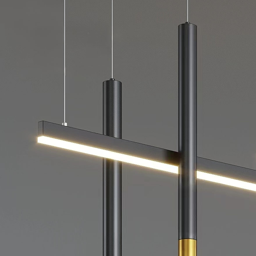 Modern Metal Linear Dining Room Chandelier Pendant Light, Black, Trichromatic Light