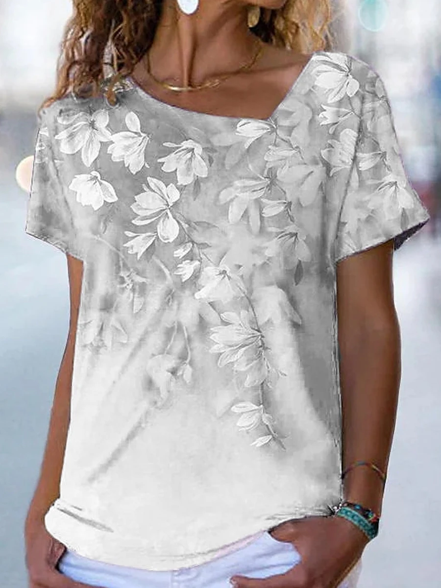 Casual Floral Print V-Neck Short Sleeve T-Shirt