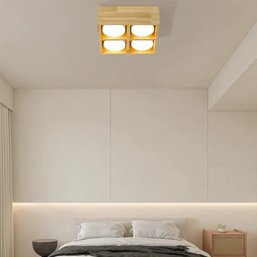 Unusual Wooden And Acrylic Square Bedroom Ceiling Light, Burlywood, Trichromatic Light