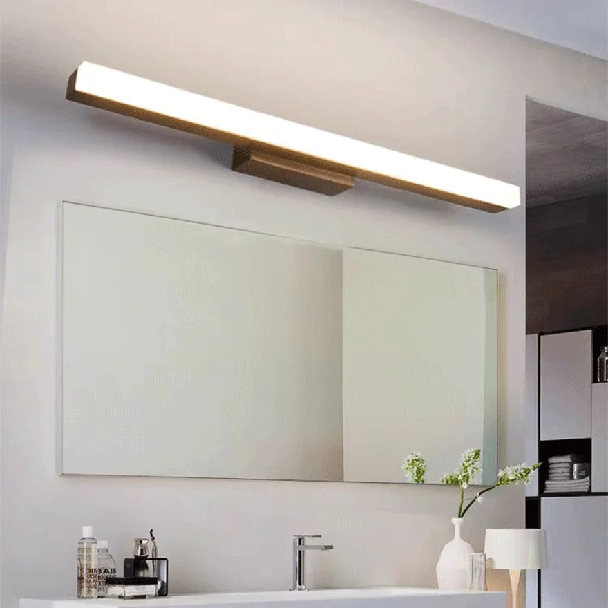 Minimalist Wooden Linear Bathroom Mirror Front Wall Lamp, Burlywood/Log Color