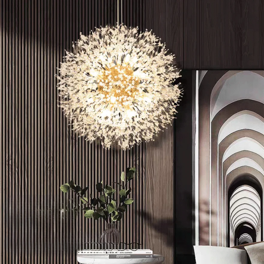 Modern Metal And Crystal Dandelion Bedroom Chandelier Pendant Light, Chrome/Gold