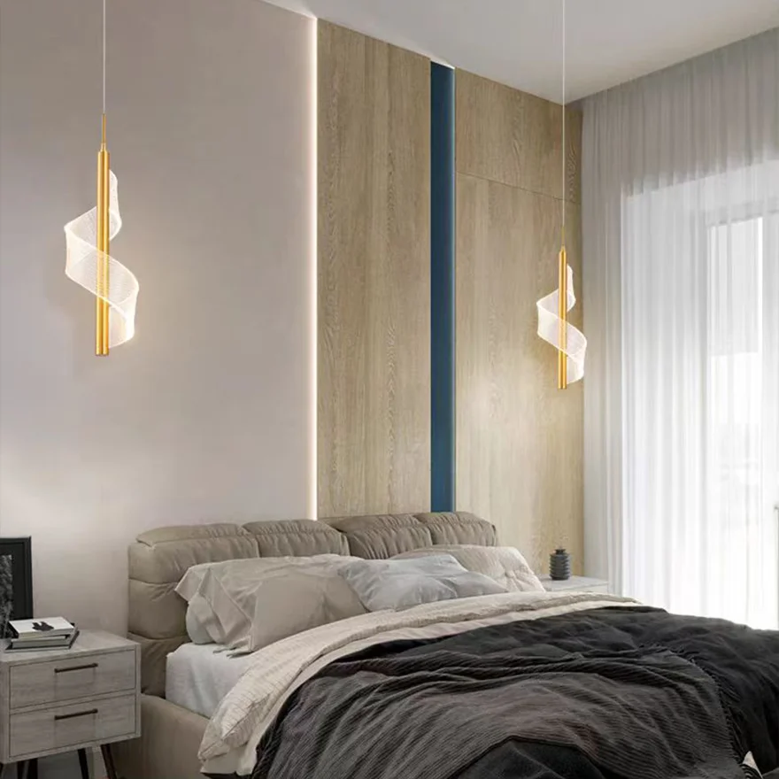 Nordic Metal Linear Bedroom Pendant Light, Gold, Trichromatic Light