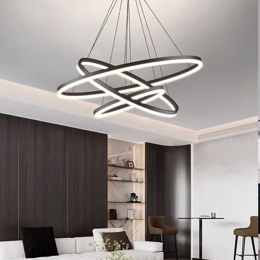 Modern Metal And Acrylic Ring Bedroom Pendant Light, Black, Trichromatic Light