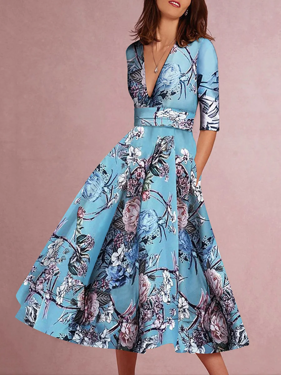 Sexy Lake Blue Half Sleeves Floral Print Skater Dress