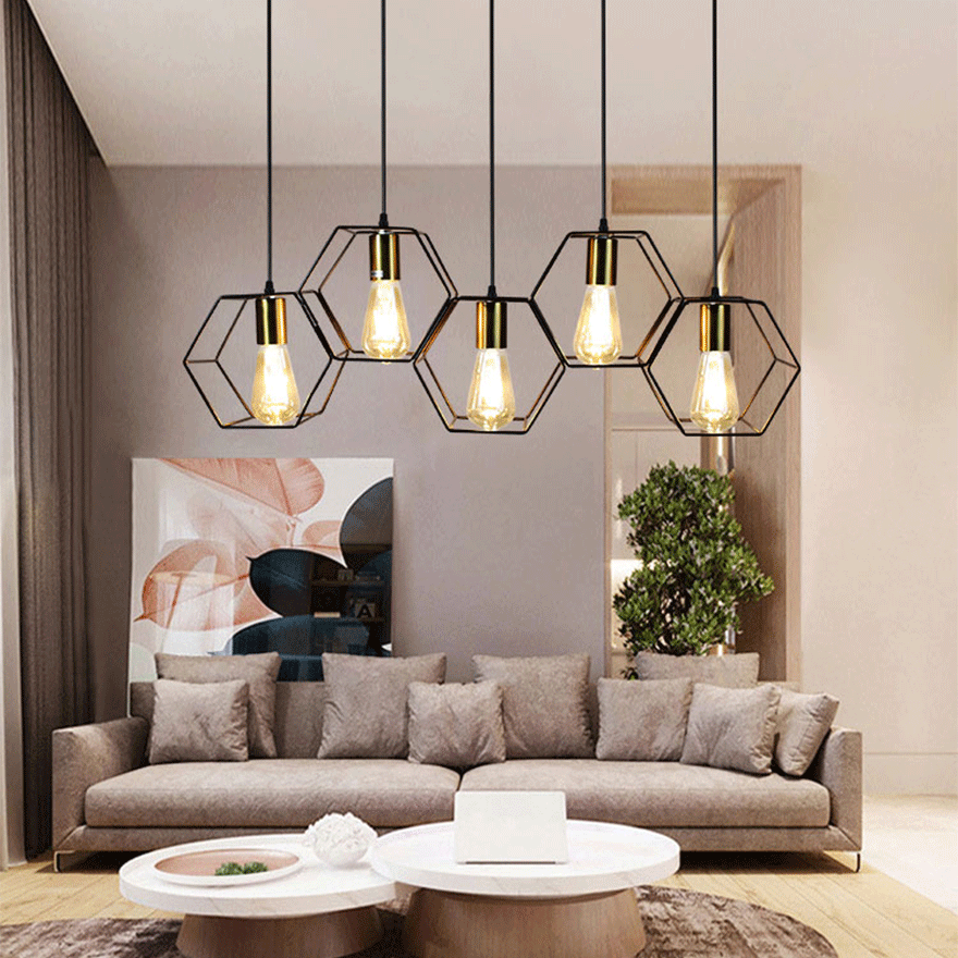 Industrial Metal Polygonal Living Room Pendant Light, Black