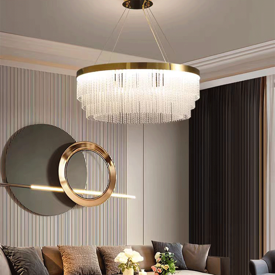 Royal Metal And Crystal Tassel Bedroom Chandelier Pendant Light, Gold, Trichromatic Light