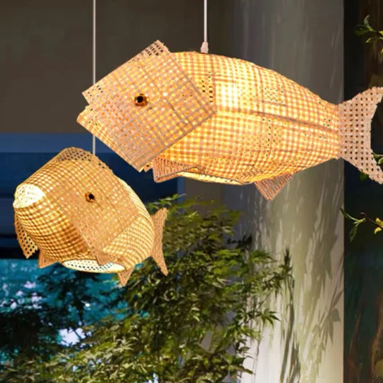 Boho Bamboo Fish Dining Room Pendant Light, Log Color