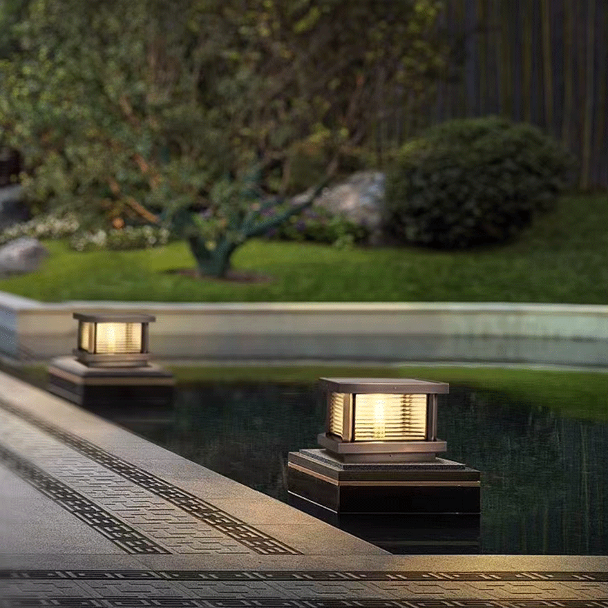 Modern Metal And Glass Square Courtyard Outdoor Pathway Light, Black/Brass/Bronze