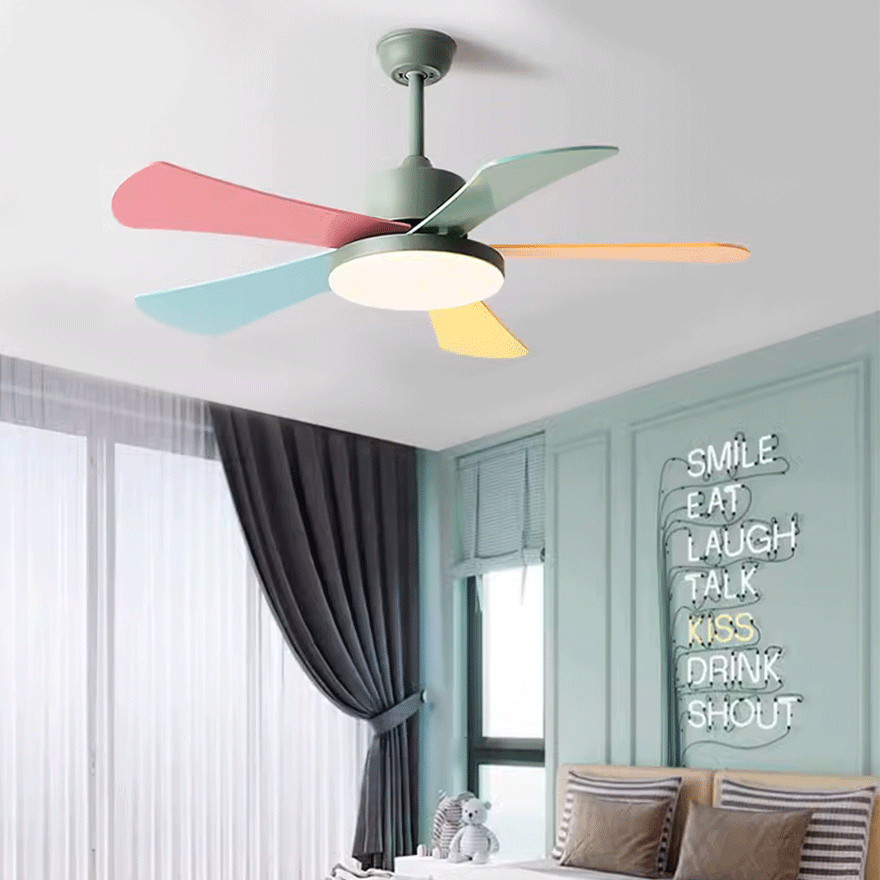 Art Deco Metal And Acrylic Round Study Room Ceiling Fan with Light, Green/Grey/Pink/White