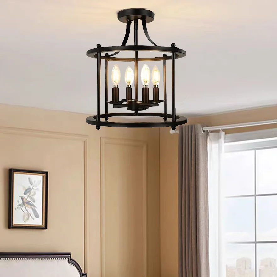 Industrial Metal Lantern Dining Room Ceiling Light, Black