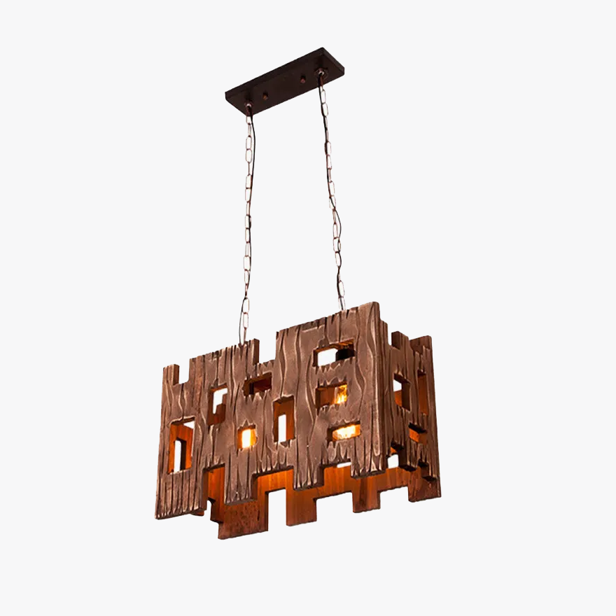 Vintage Metal And Wooden Rectangular Dining Room Pendant Light, Walnut