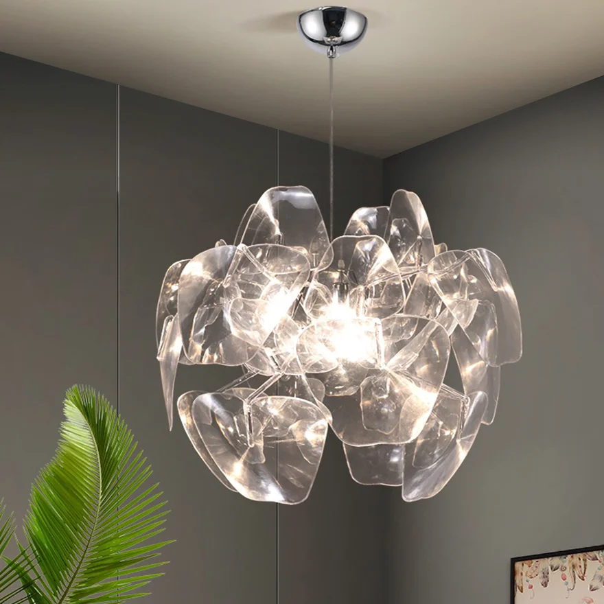 Art Deco Metal And Acrylic Petal Shaped Dining Room Pendant Light, Clear