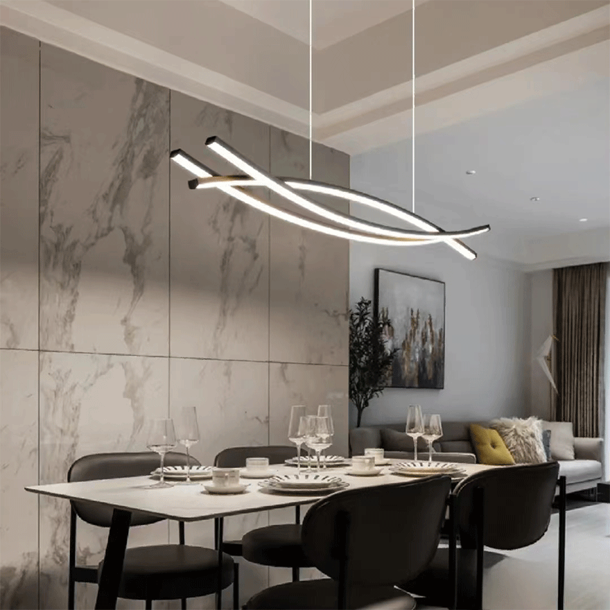 Modern Metal Curved Dining Room Pendant Light, Black, Trichromatic Light