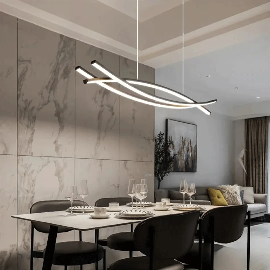 Modern Metal Curved Dining Room Pendant Light, Black, Trichromatic Light