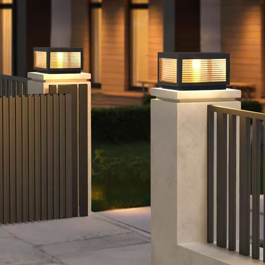 Modern Metal Square Terrace Outdoor Pillar Light, Black