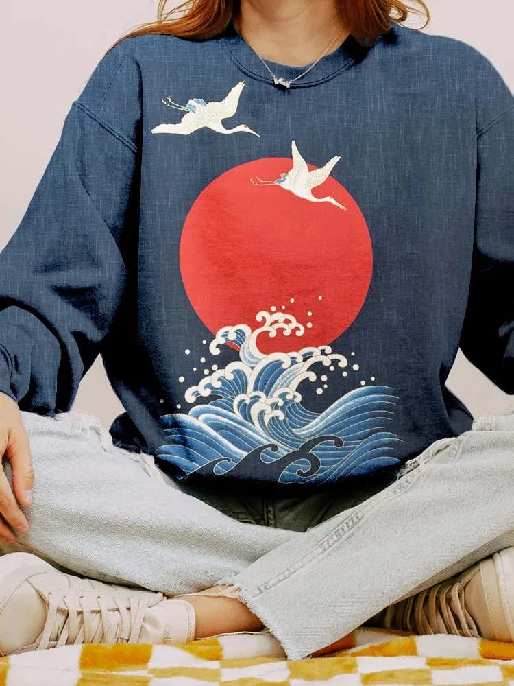 Japanese Sun And Cranes Art Vintage Cozy Sweatshirt