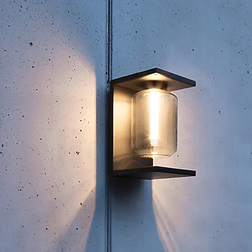 Modern Metal And Glass Lantern Outdoor Wall Lamp, Black/Grey