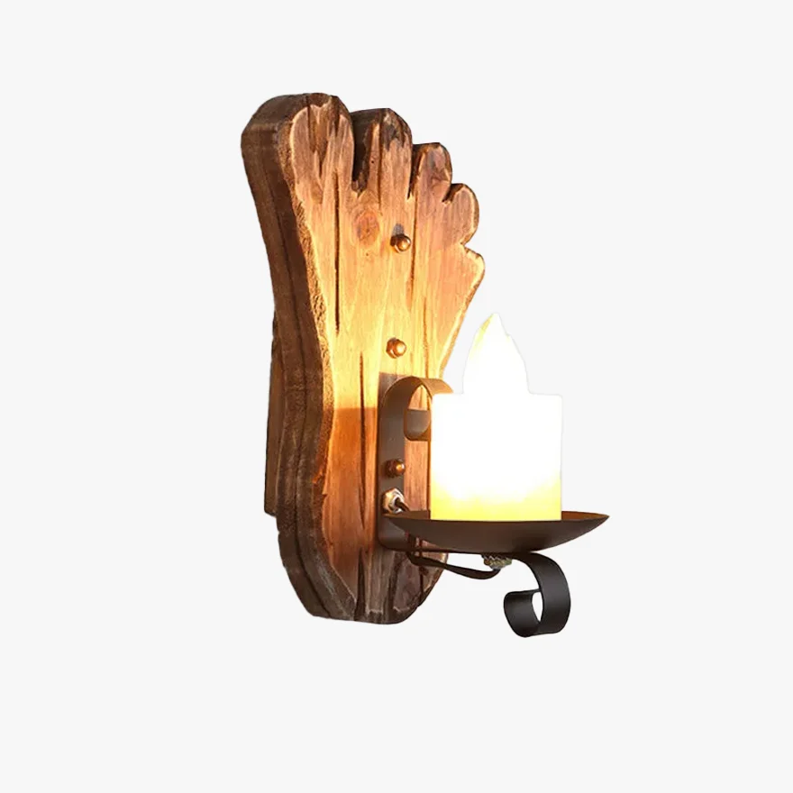 Cozy Metal And Pine Wood Footprints Candle Living Room Wall Lamp, Log Color