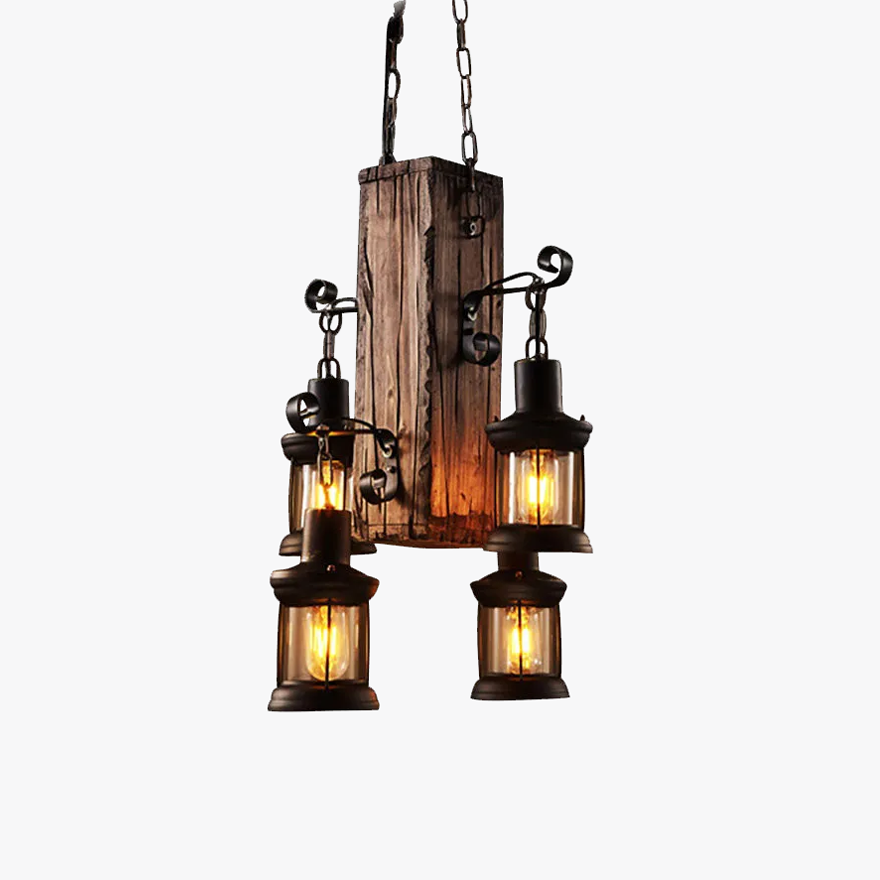 Rustic Metal And Wooden Rectangular Dining Room Pendant Light, Log Color