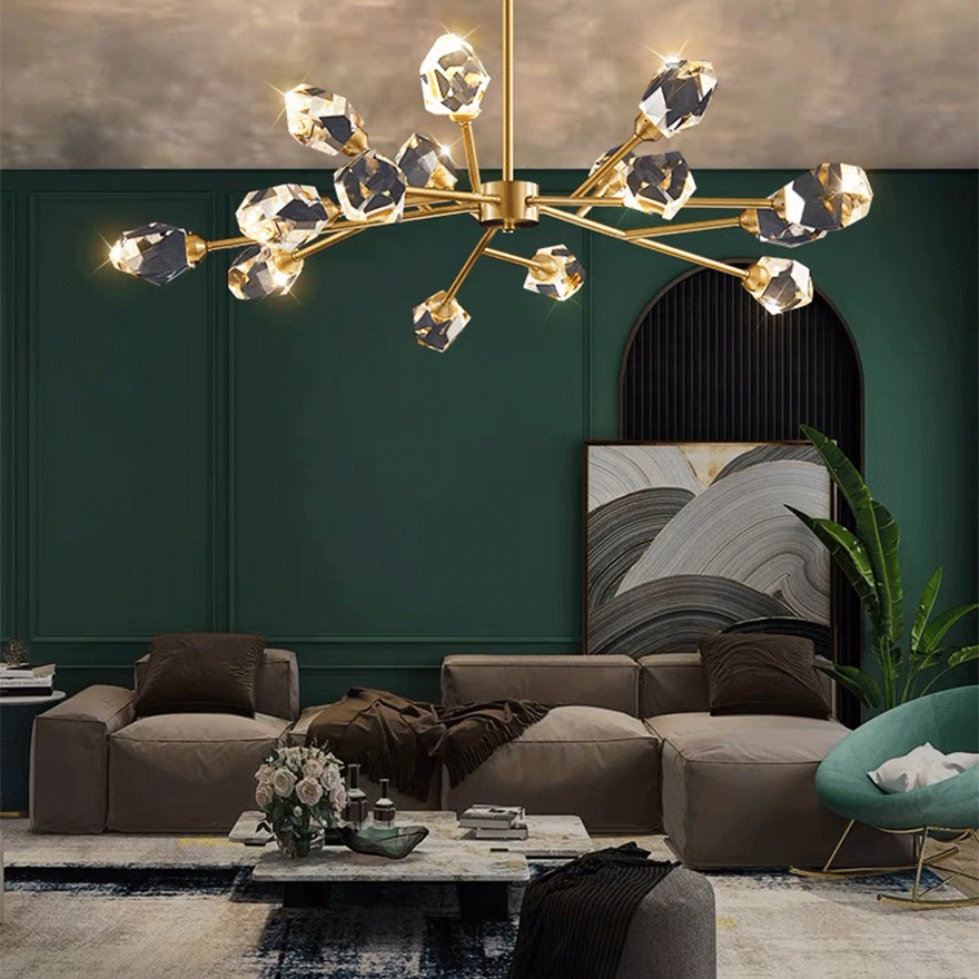 Modern Metal And Crystal Uneven Bedroom Chandeliers Pendant Light, Gold, Trichromatic Light