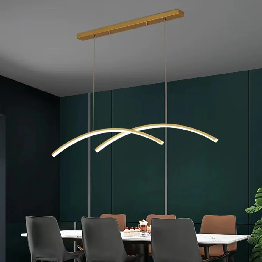 Minimalist Metal Double Curve Dining Room Pendant Light, Black/Gold, Trichromatic Light