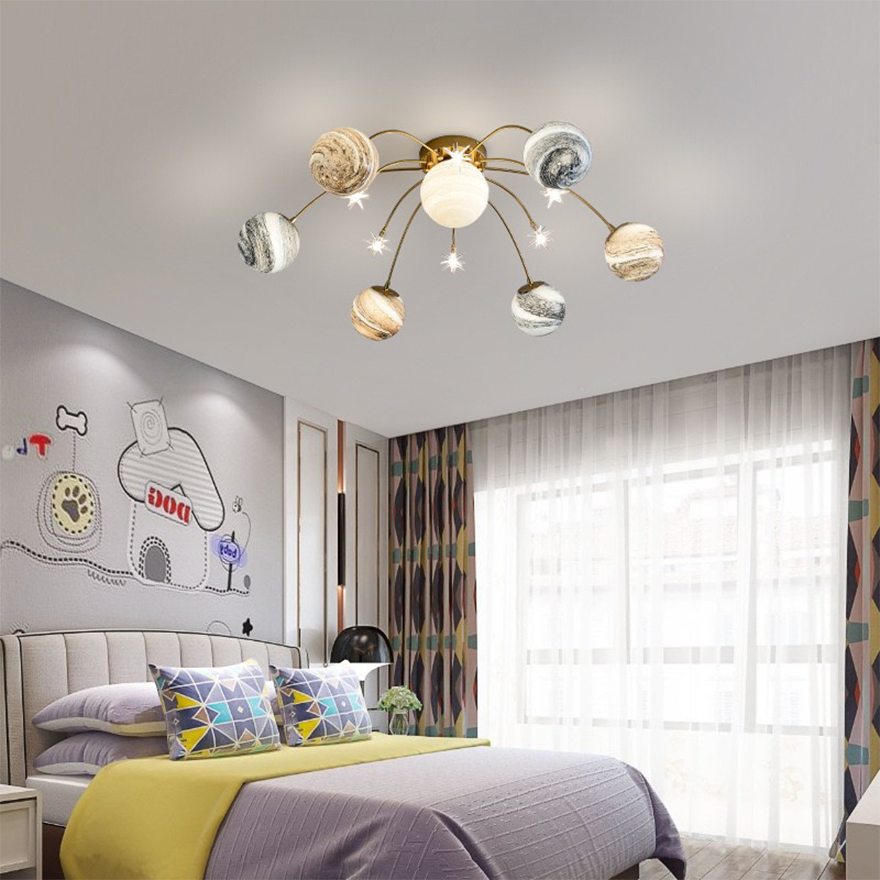 Designer Metal And Glass Planet Children's Room Ceiling Light, Gold, Trichromatic Light