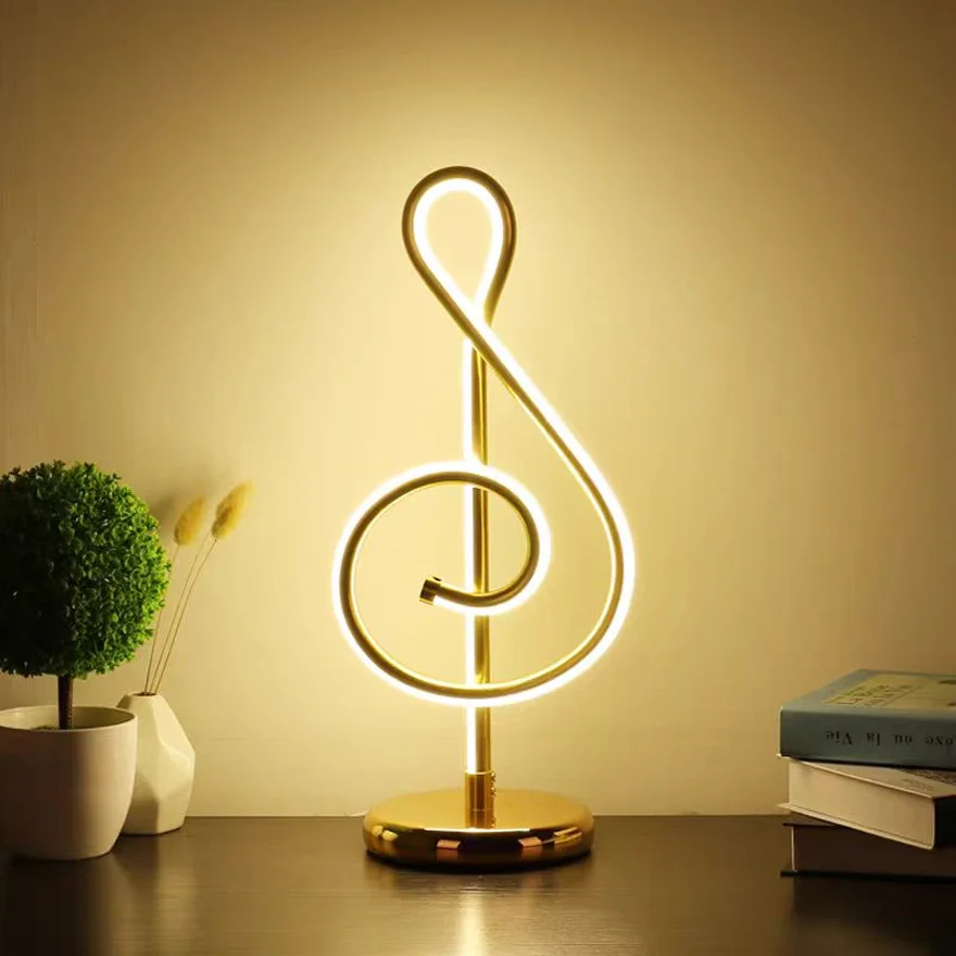 Designer Metal Musical Note Bedroom Table Lamp, Gold | Liiffy