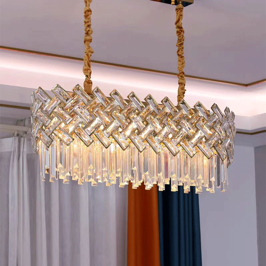 Baroque Metal And Crystal Geometric Dining Room Chandelier Pendant Light, Gold, Trichromatic Light