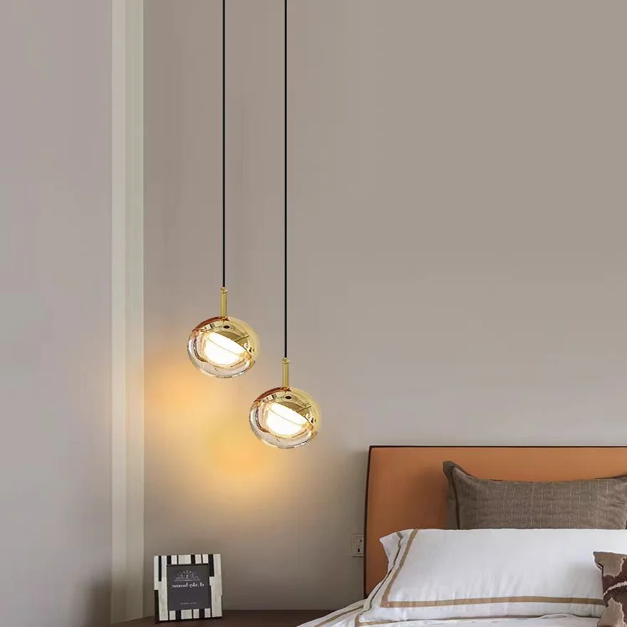 Designer Metal And Glass Globular Bedroom Pendant Light, Gold/Rose Gold