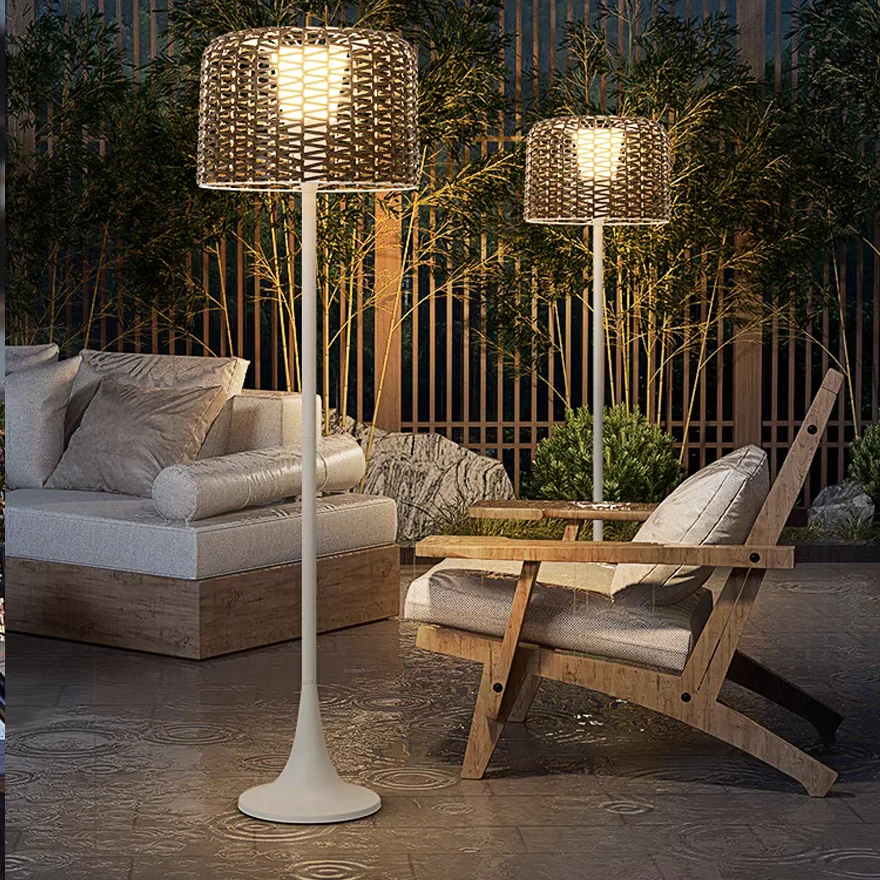 Rustic Metal And Rattan Dome Outdoor Floor Lamp, Black/White