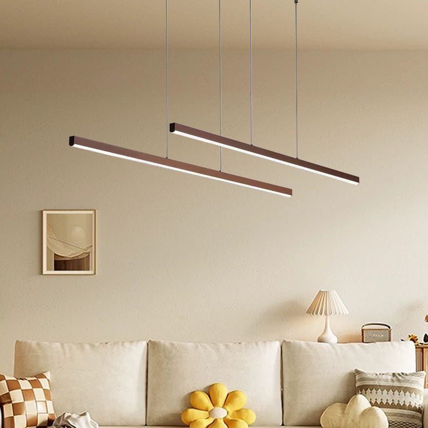 Modern Metal Linear Indoor Pendant Light, Natural Wood