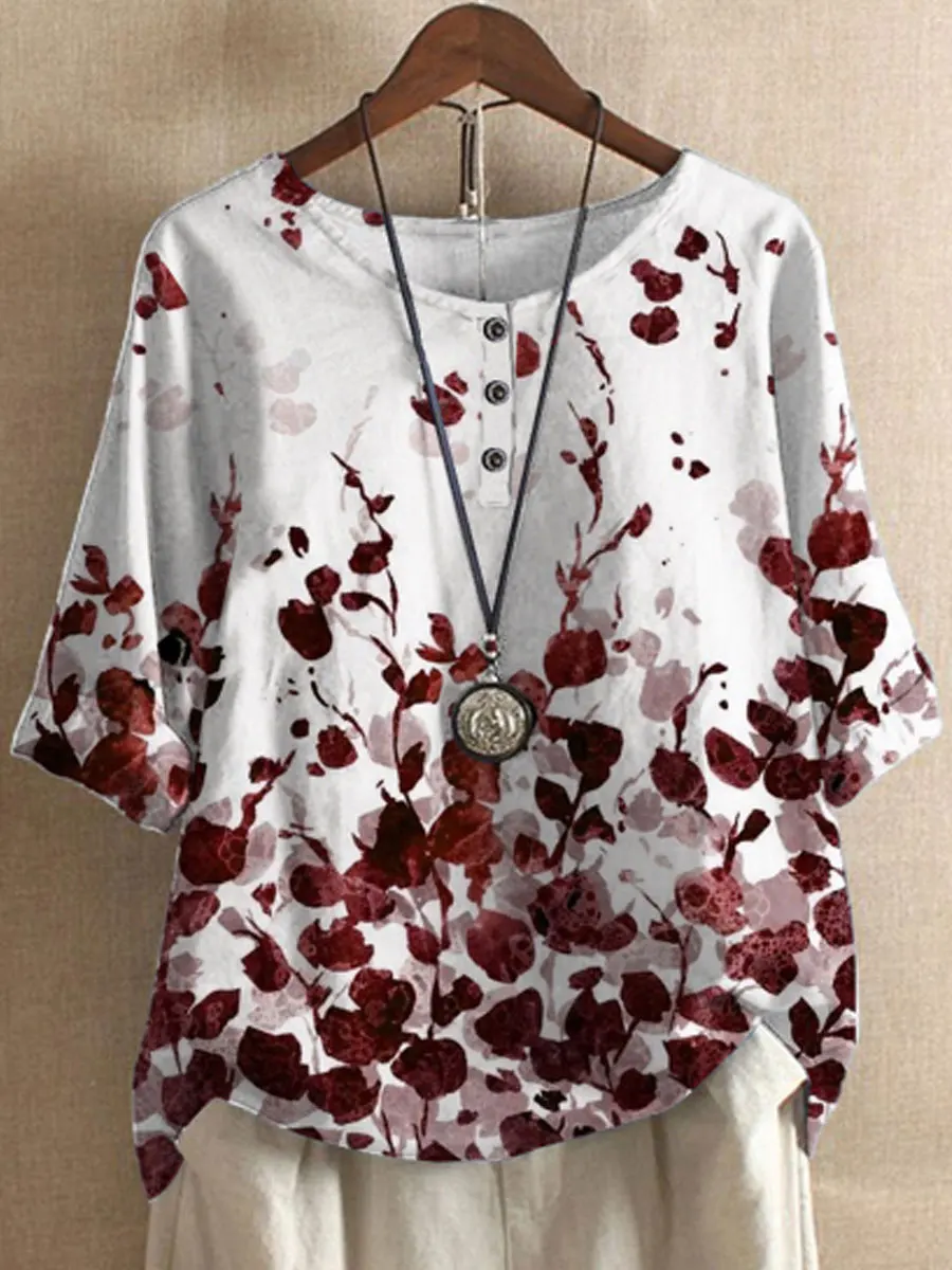 Round Neck Casual Loose Botanical Print Short Sleeve Blouse