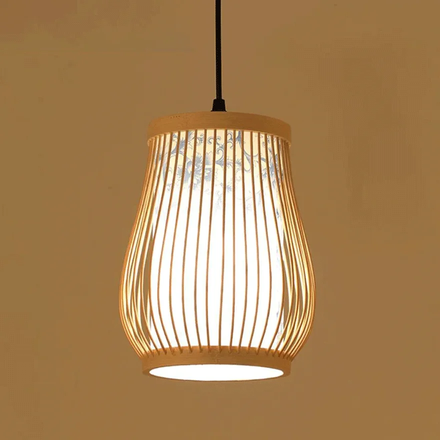 Boho Bamboo Lantern Dining Room Pendant Light, Natural Wood