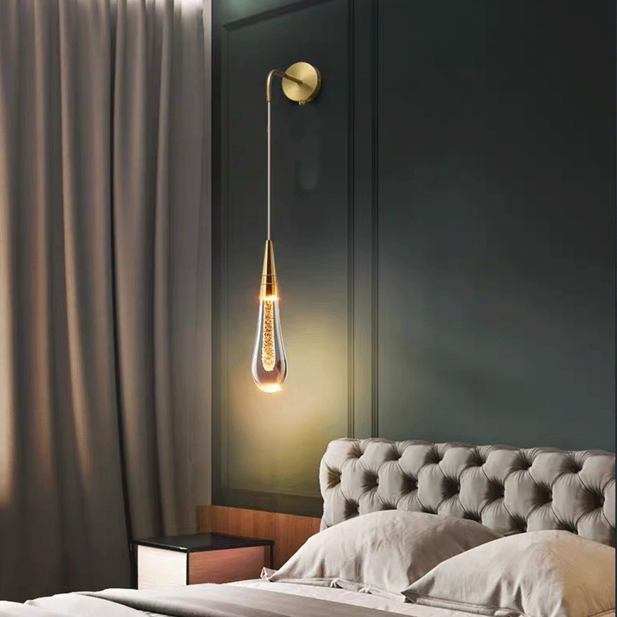 Modern Crystal Teardrop Bedroom Wall Lamp, Black/Gold, Trichromatic Light