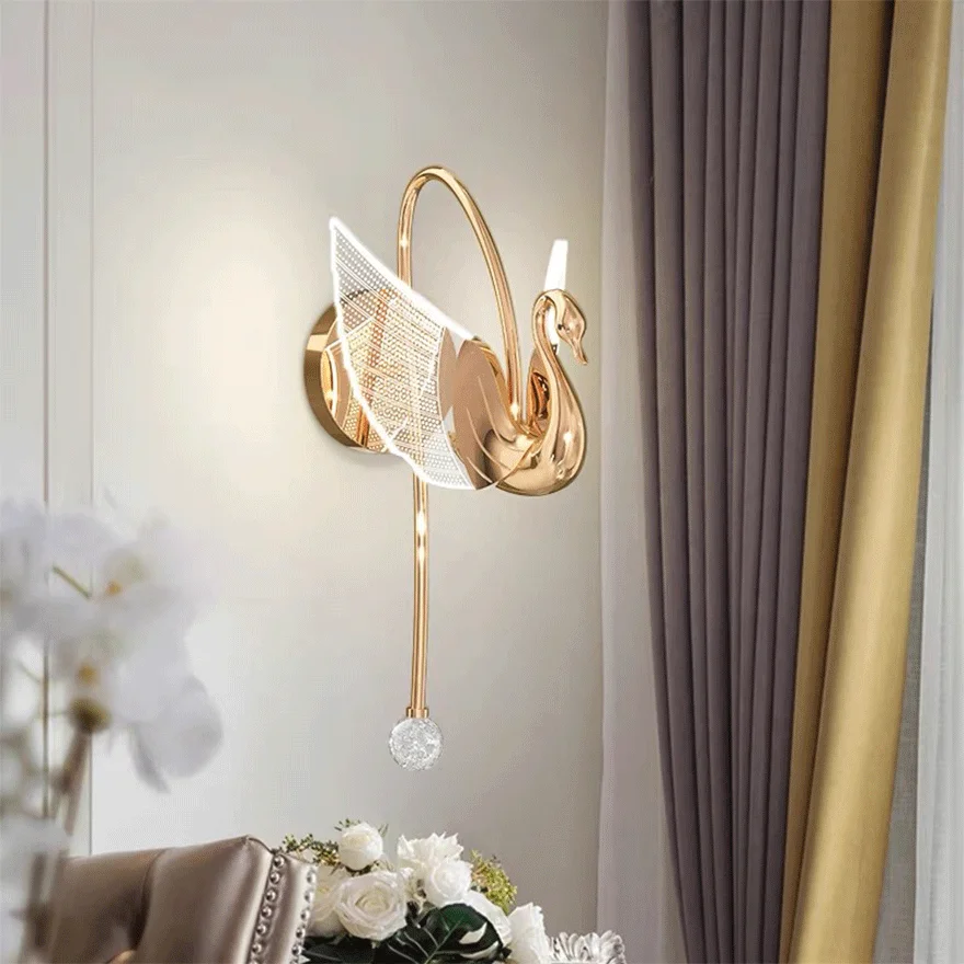 Decorative Metal And Acrylic Swan Indoor Wall Lamp, Gold/Rose gold, Trichromatic Light