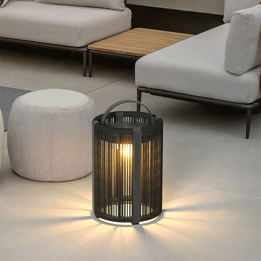 Unusual  Metal And Fiber Lantern Balcony Floor Lamp, Black