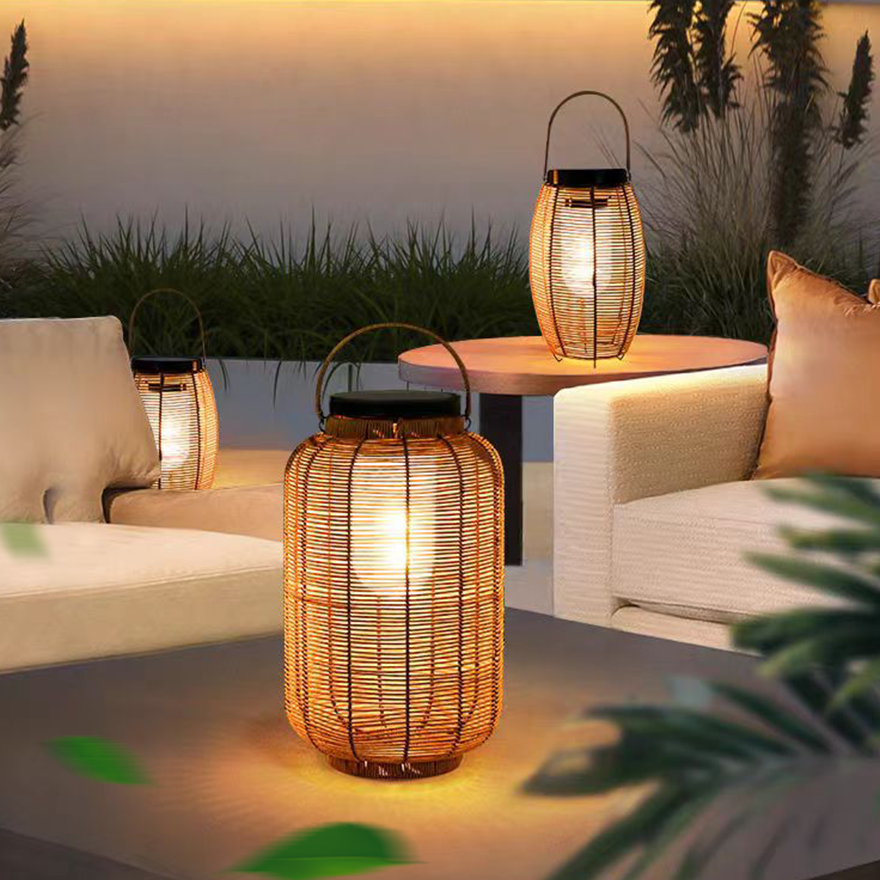 Natural Metal And Imitation Rattan Courtyard Outdoor Floor Light, Natural Wood