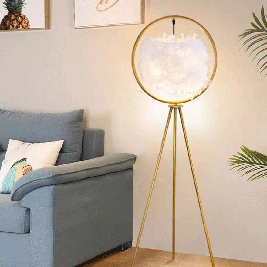 Designer Metal And Fabric Feather Ring Tripod Bedside Floor Lamp, Black/Gold