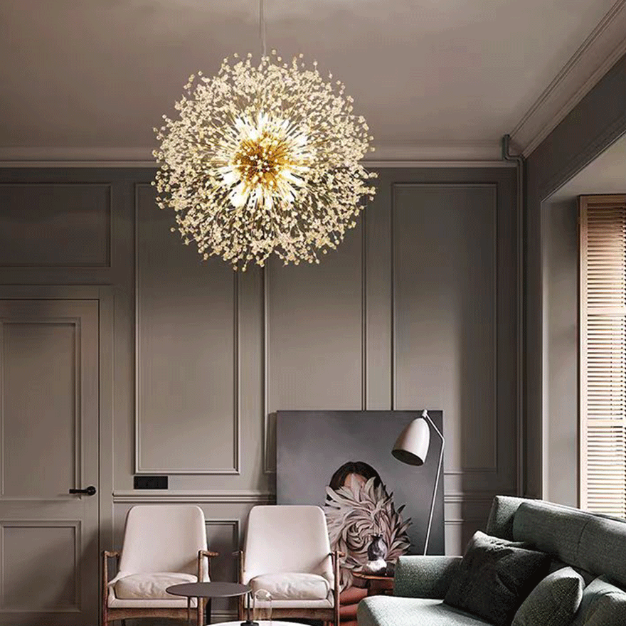 Modern Metal And Crystal Dandelion Bedroom Chandelier Pendant Light, Chrome/Gold