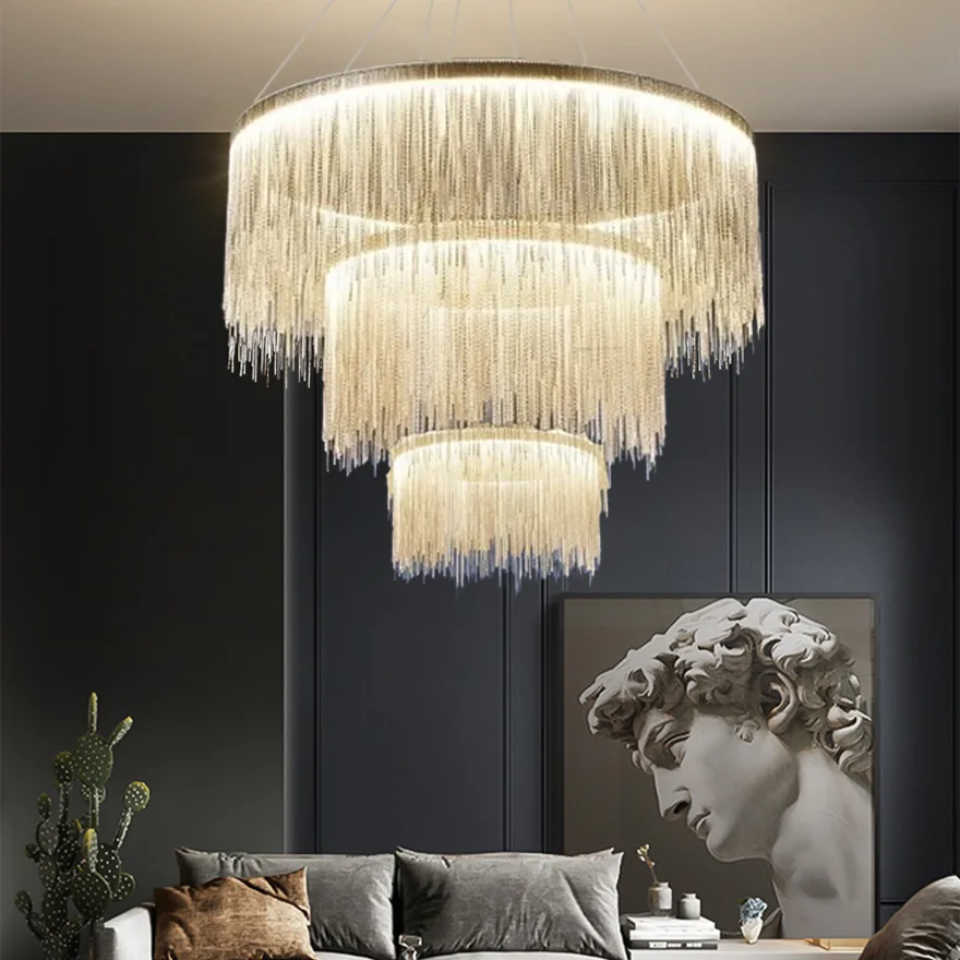 Royal Metal Tassel Living Room Chandelier Pendant Light, Gold, Trichromatic Light