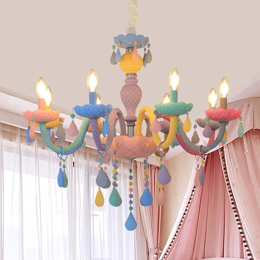 Morandi Metal Candle Children's Room Chandelier Pendant Light, Multicolor, Trichromatic Light