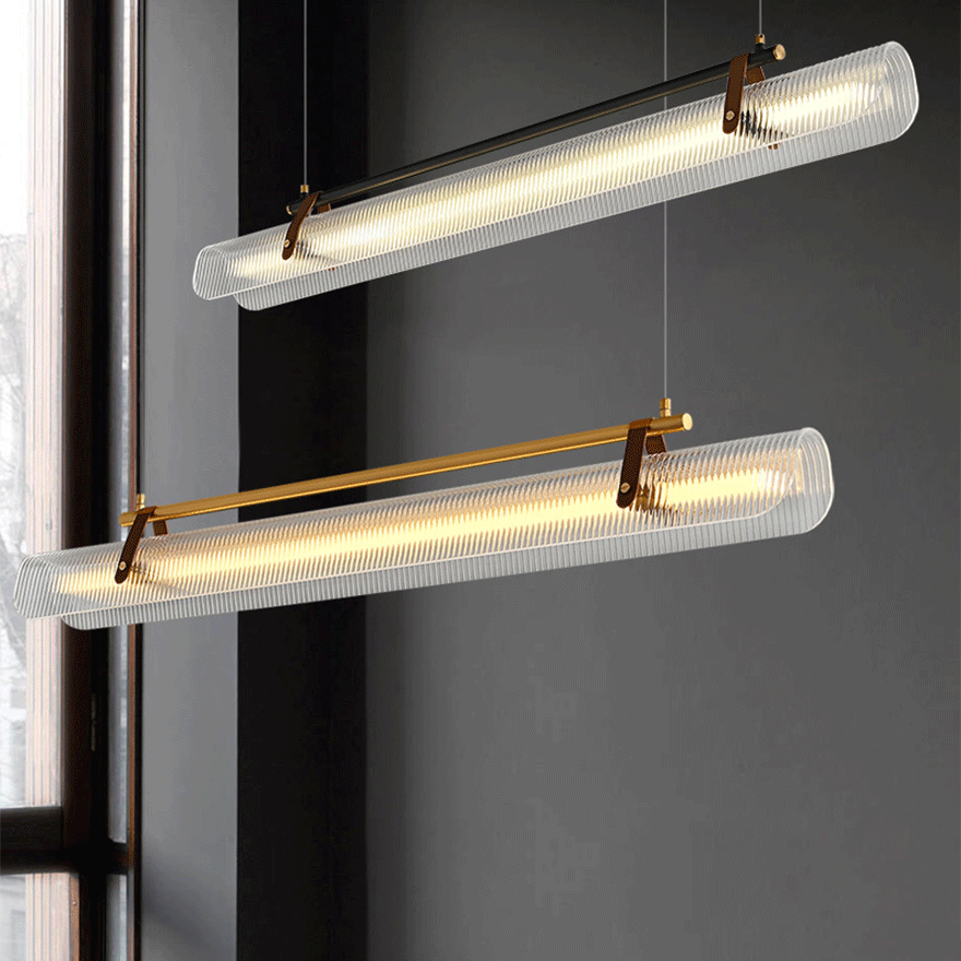 Modern Metal And Acrylic Strip Study Room Pendant Light, Black/Gold, Trichromatic Light