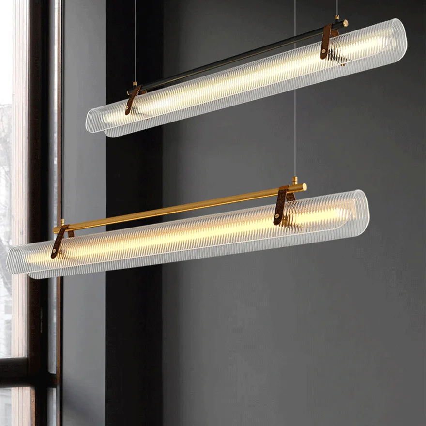 Modern Metal And Acrylic Strip Study Room Pendant Light, Black/Gold, Trichromatic Light