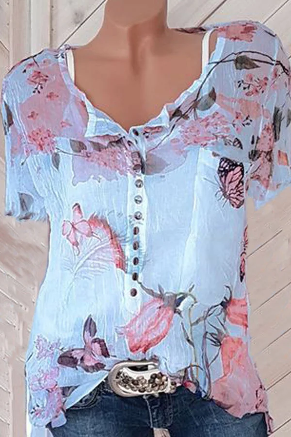 Floral Printed Short Sleeve Blouses