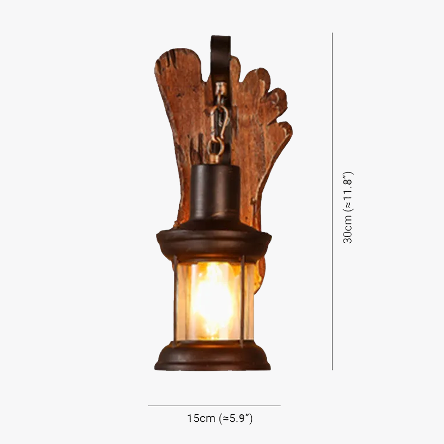 Cozy Metal And Wood Footprints Lantern Living Room Wall Lamp, Walnut