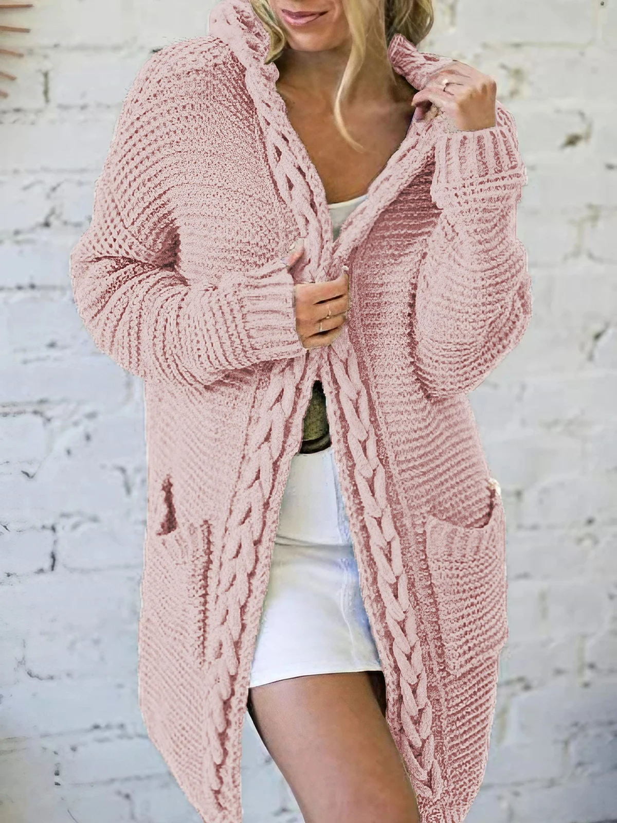 Women's Solid Jacquard Knitted Hooded Mid-length Cardigan