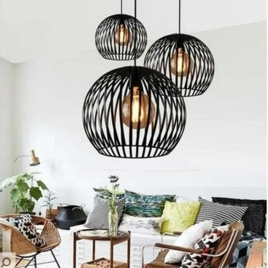 Vintage Metal Birdcage Kitchen Pendant Light, Black/White