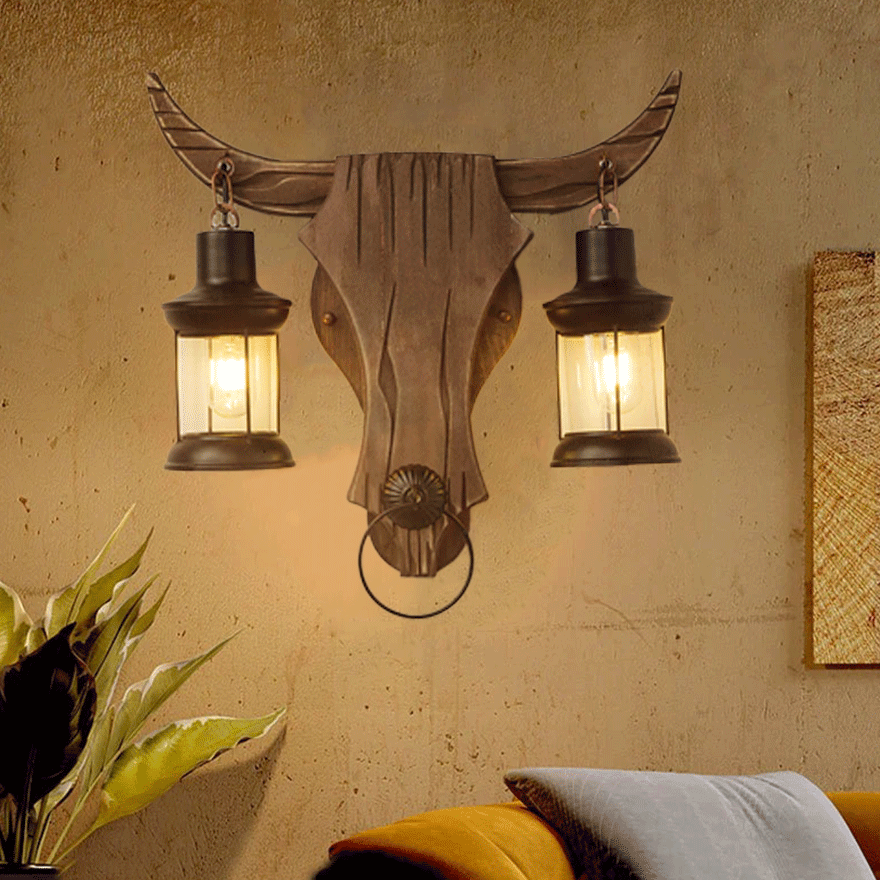 Decorative Metal And Wooden Bull Lantern Dining Room Wall Lamp, Pine Wood